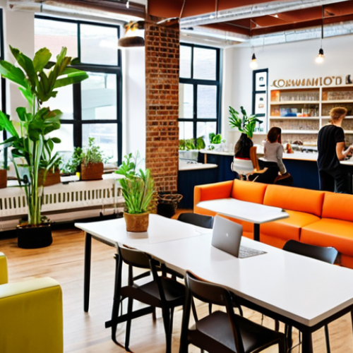 Home 7 **A vibrant coworking space filled with diverse individuals collaborating on laptops and whiteboards. Focus on bright, modern decor and a sense of community. Include elements like a coffee bar and comfortable lounge areas. Highlight natural light and plants.** (Focus: Community & Design)