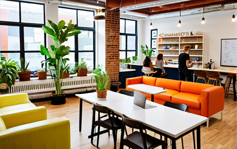 **A vibrant coworking space filled with diverse individuals collaborating on laptops and whiteboards. Focus on bright, modern decor and a sense of community. Include elements like a coffee bar and comfortable lounge areas. Highlight natural light and plants.** (Focus: Community & Design)