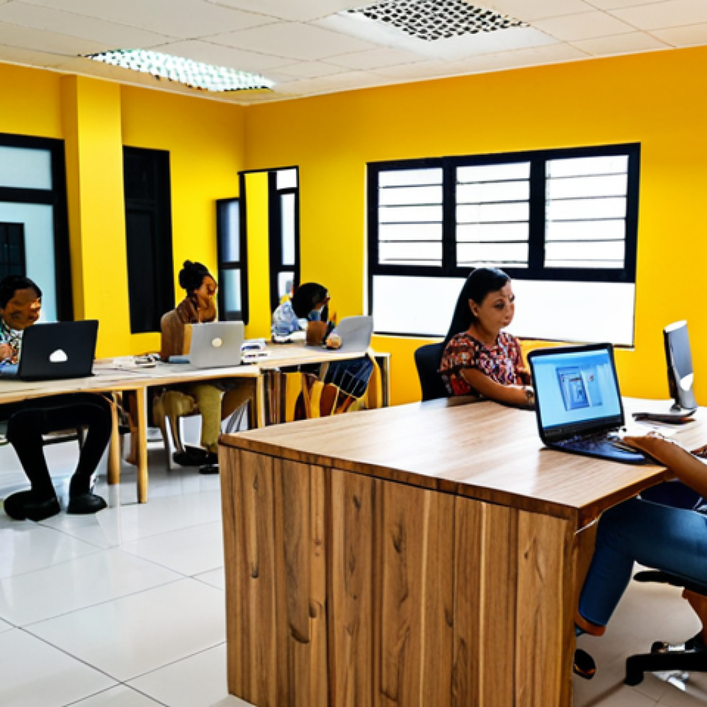 "Respectful Coworking Space"**

*   **Prompt:** A clean and organized coworking desk space in Malaysia, laptop open, minimal clutter. Focus on a friendly, diverse group of coworkers interacting politely in the background - some in quiet conversation, others working diligently. Consider incorporating batik patterns in the decor subtly. A sense of focused productivity and shared community.

**