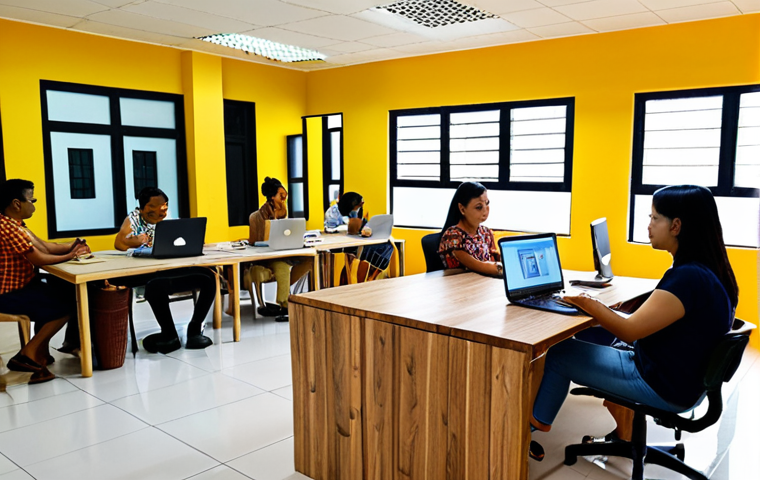 "Respectful Coworking Space"**

*   **Prompt:** A clean and organized coworking desk space in Malaysia, laptop open, minimal clutter. Focus on a friendly, diverse group of coworkers interacting politely in the background - some in quiet conversation, others working diligently. Consider incorporating batik patterns in the decor subtly. A sense of focused productivity and shared community.

**