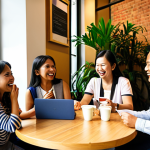 A vibrant, bustling coworking space in a modern Southeast Asian city. Diverse professionals, representing various age groups and ethnicities (Malaysian, Chinese, Indian, etc.), are actively networking, collaborating, and engaging in lively discussions over coffee. The scene highlights a "Coffee & Connect" event, with people laughing, exchanging business cards, and sharing ideas in an open, sunlit common area. The decor is contemporary, with comfortable lounge seating, natural wood accents, and lush indoor plants, exuding a warm and inviting atmosphere. Focus on genuine human connection and the energy of a thriving professional community. Photorealistic, high detail, 8K.