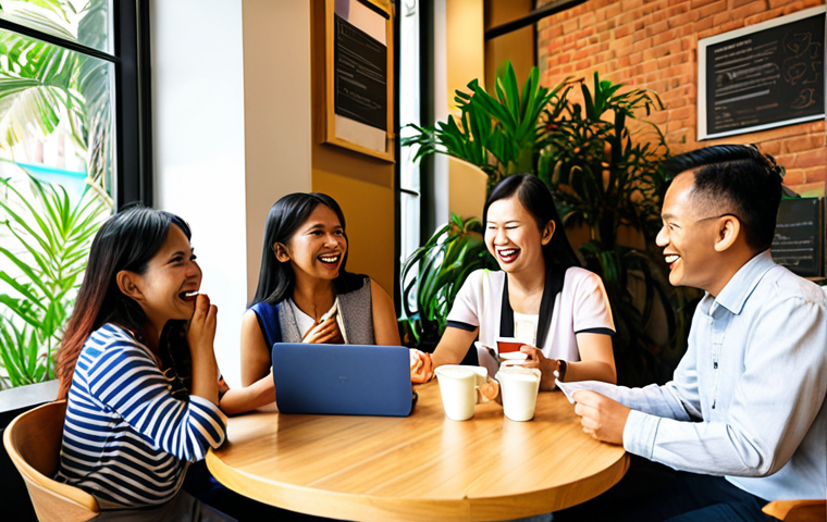 A vibrant, bustling coworking space in a modern Southeast Asian city. Diverse professionals, representing various age groups and ethnicities (Malaysian, Chinese, Indian, etc.), are actively networking, collaborating, and engaging in lively discussions over coffee. The scene highlights a "Coffee & Connect" event, with people laughing, exchanging business cards, and sharing ideas in an open, sunlit common area. The decor is contemporary, with comfortable lounge seating, natural wood accents, and lush indoor plants, exuding a warm and inviting atmosphere. Focus on genuine human connection and the energy of a thriving professional community. Photorealistic, high detail, 8K.