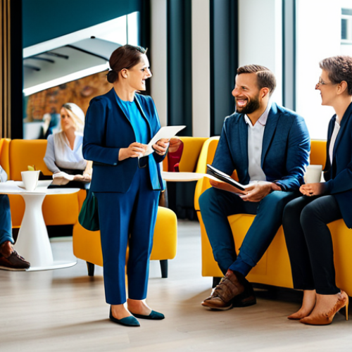 A diverse group of professional adults, fully clothed in modern modest business attire, engaging in lively conversations and networking in a vibrant, sunlit co-working space lounge area. They are standing and sitting in natural poses, holding coffee cups and notebooks, with various seating arrangements and contemporary decor in the background. The atmosphere is collaborative and energetic. Perfect anatomy, correct proportions, well-formed hands, proper finger count, natural body proportions. Safe for work, appropriate content, professional, family-friendly.